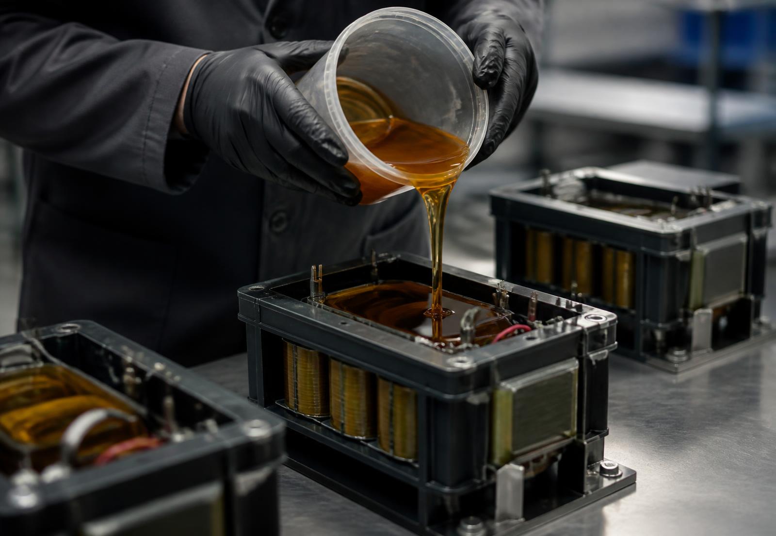Technician pouring polyurethane potting resin into a transformer assembly